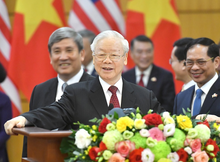 Tổng Bí thư Nguyễn Phú Trọng phát biểu tại cuộc họp báo chung với Tổng thống Hoa Kỳ Joe Biden.